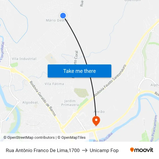 Rua Antônio Franco De Lima,1700 to Unicamp Fop map