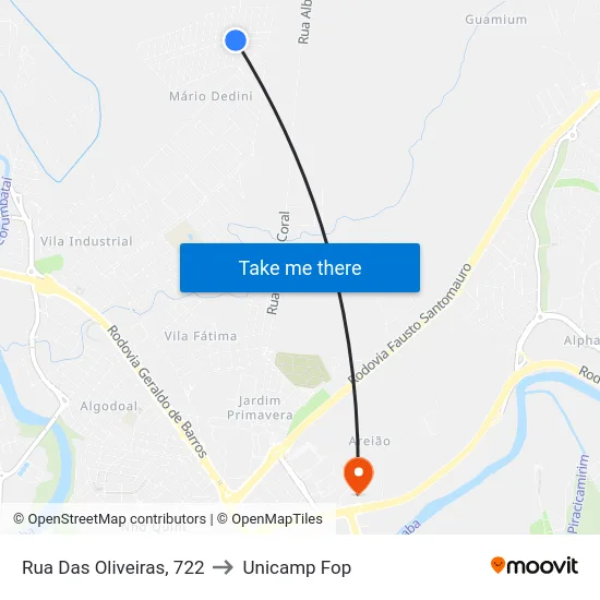 Rua Das Oliveiras, 722 to Unicamp Fop map