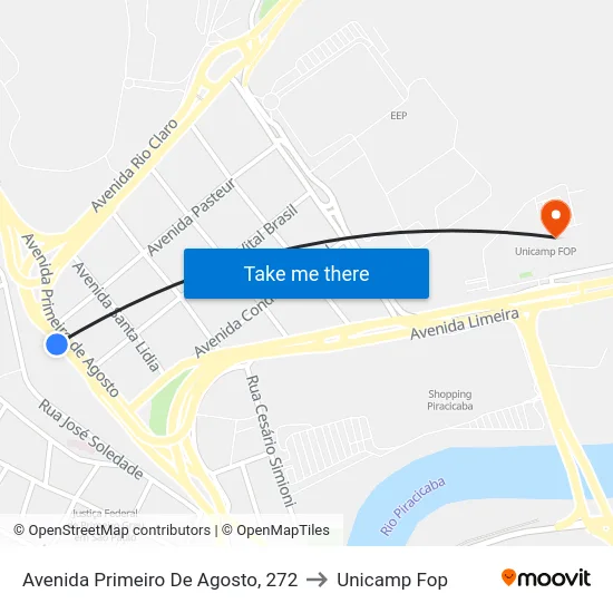 Avenida Primeiro De Agosto, 272 to Unicamp Fop map
