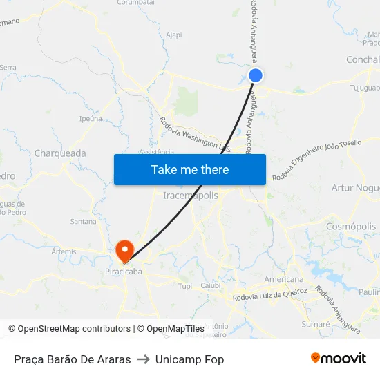Praça Barão De Araras to Unicamp Fop map