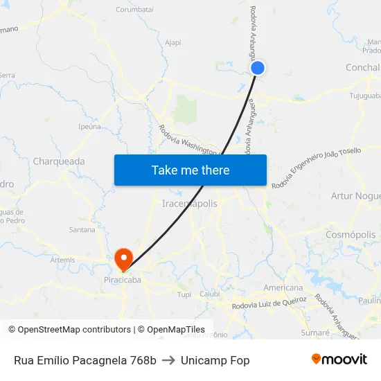 Rua Emílio Pacagnela 768b to Unicamp Fop map
