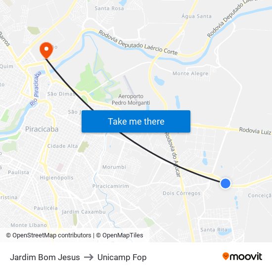 Jardim Bom Jesus to Unicamp Fop map