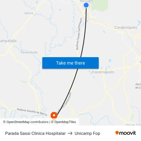 Parada Sassi Clinica Hospitalar to Unicamp Fop map