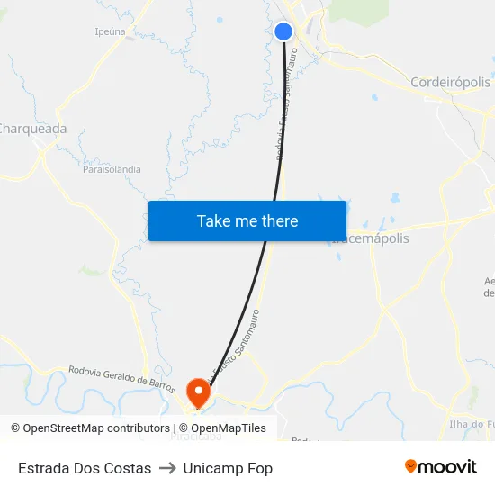 Estrada Dos Costas to Unicamp Fop map