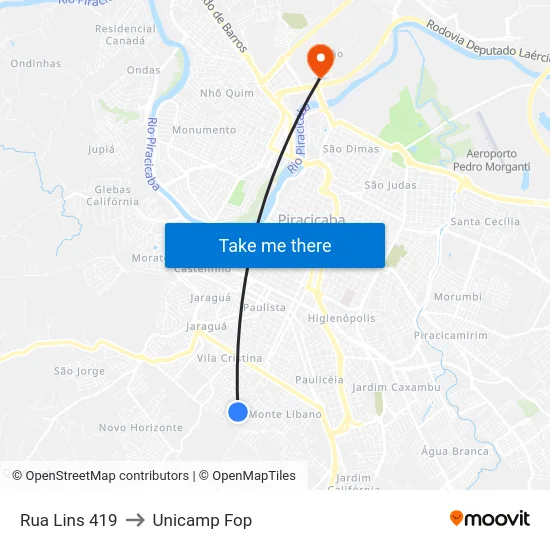 Rua Lins 419 to Unicamp Fop map