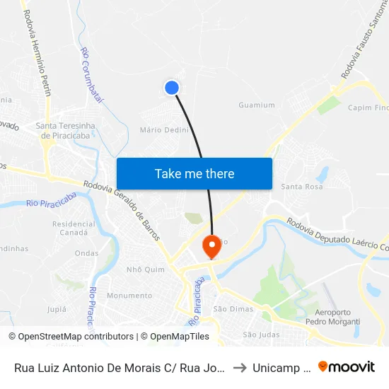 Rua Luiz Antonio De Morais C/ Rua José Jacob to Unicamp Fop map