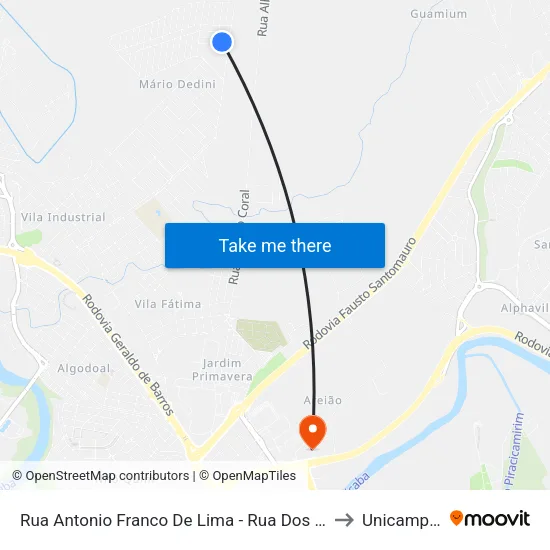 Rua Antonio Franco De Lima - Rua Dos Jacarandás to Unicamp Fop map