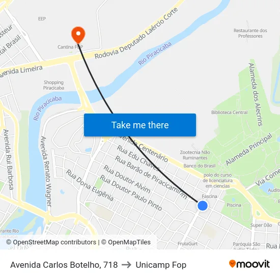 Avenida Carlos Botelho, 718 to Unicamp Fop map
