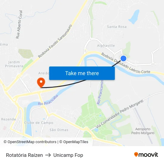 Rotatória Raízen to Unicamp Fop map