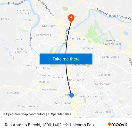 Rua Antônio Bacchi, 1300-1402 to Unicamp Fop map