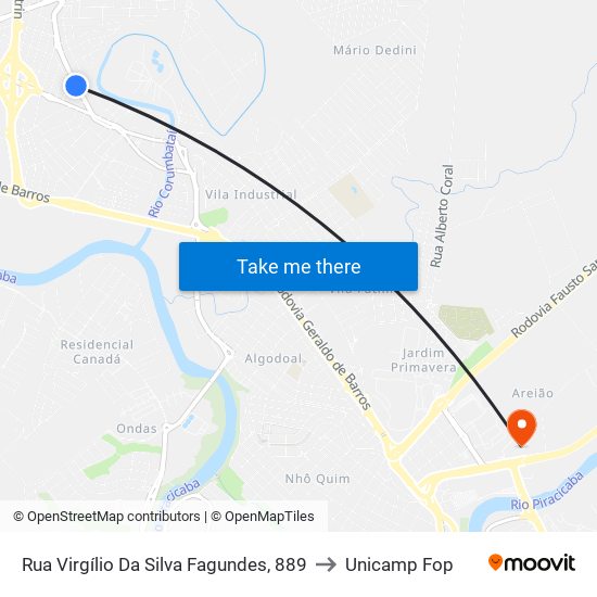 Rua Virgílio Da Silva Fagundes, 889 to Unicamp Fop map