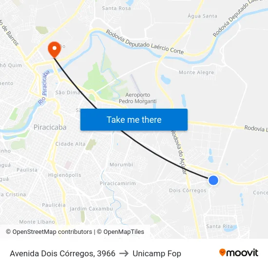 Avenida Dois Córregos, 3966 to Unicamp Fop map