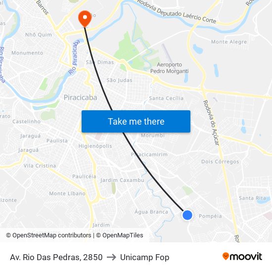 Av. Rio Das Pedras, 2850 to Unicamp Fop map