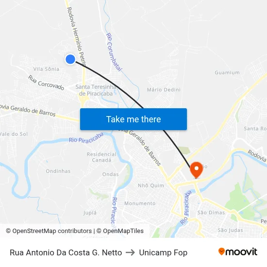 Rua Antonio Da Costa G. Netto to Unicamp Fop map
