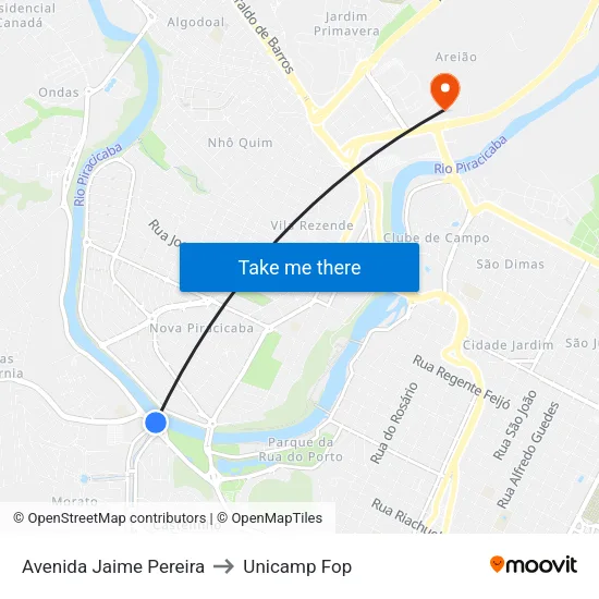 Avenida Jaime Pereira to Unicamp Fop map