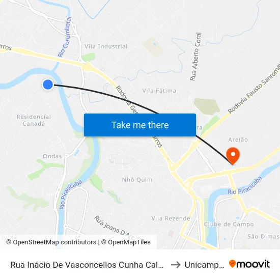 Rua Inácio De Vasconcellos Cunha Caldeira, 72-140 to Unicamp Fop map