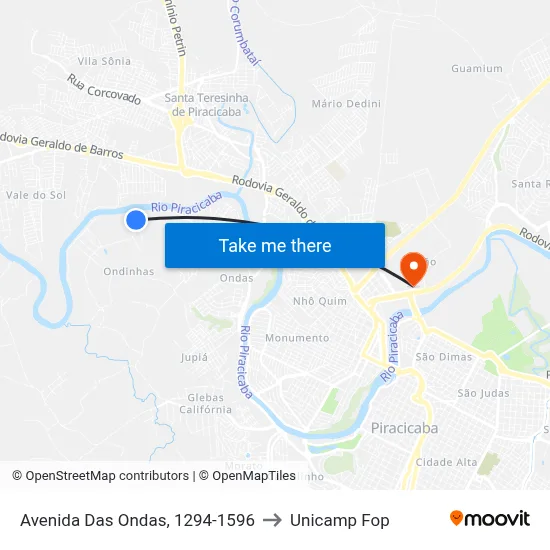 Avenida Das Ondas, 1294-1596 to Unicamp Fop map