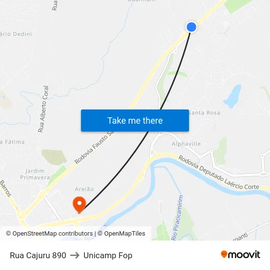 Rua Cajuru 890 to Unicamp Fop map