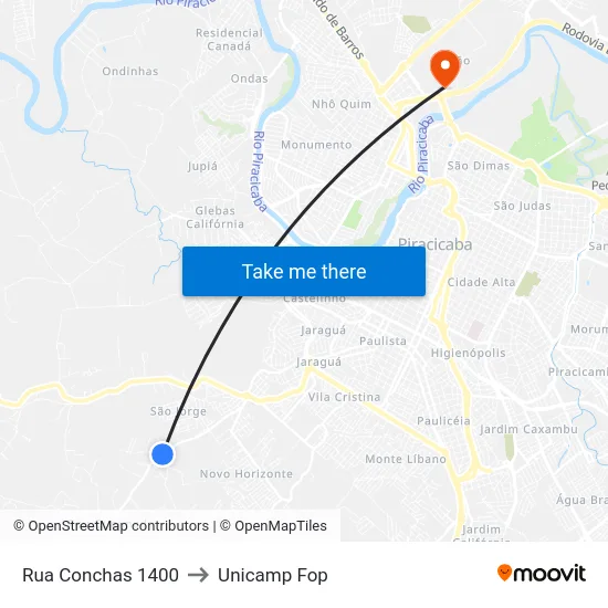 Rua Conchas 1400 to Unicamp Fop map