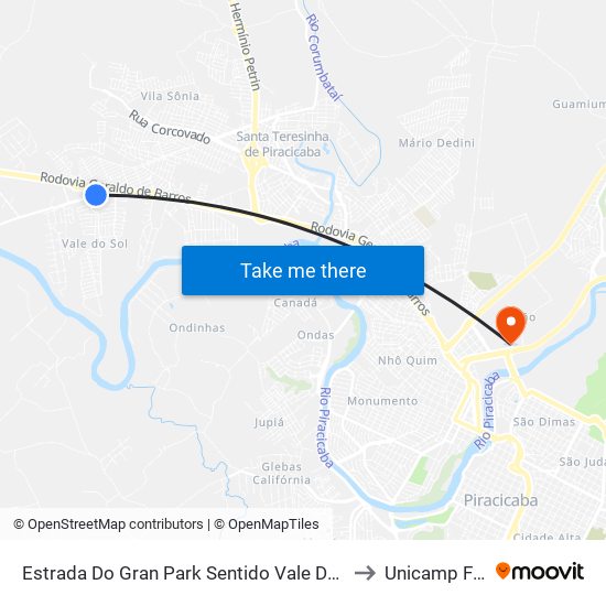 Estrada Do Gran Park Sentido Vale Do Sol to Unicamp Fop map
