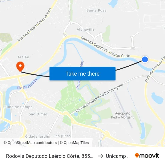 Rodovia Deputado Laércio Côrte, 8550-8994 to Unicamp Fop map