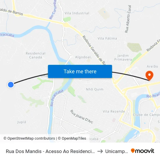 Rua Dos Mandis - Acesso Ao Residencial Paineiras to Unicamp Fop map