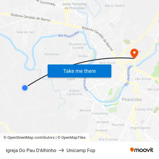 Igreja Do Pau D'Alhinho to Unicamp Fop map