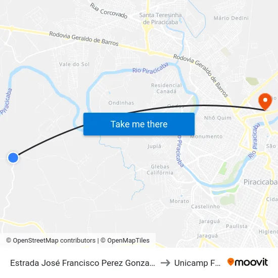 Estrada José Francisco Perez Gonzalez to Unicamp Fop map