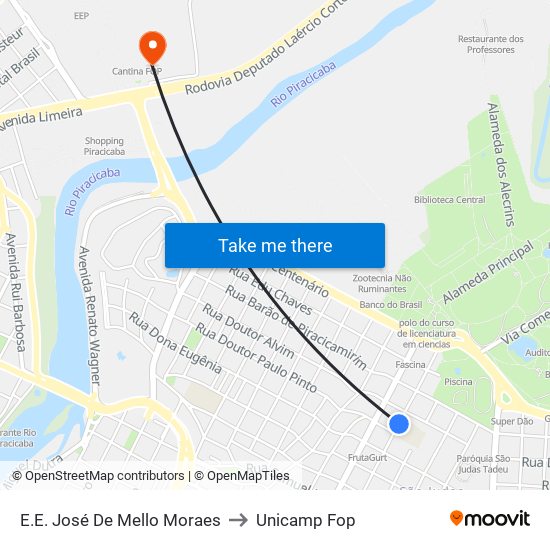 E.E. José De Mello Moraes to Unicamp Fop map