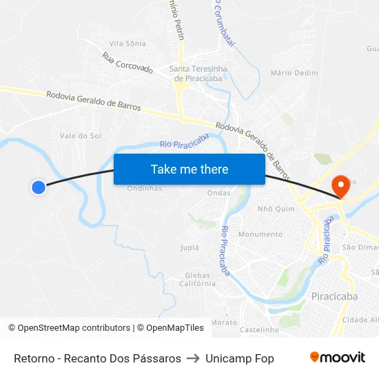 Retorno - Recanto Dos Pássaros to Unicamp Fop map