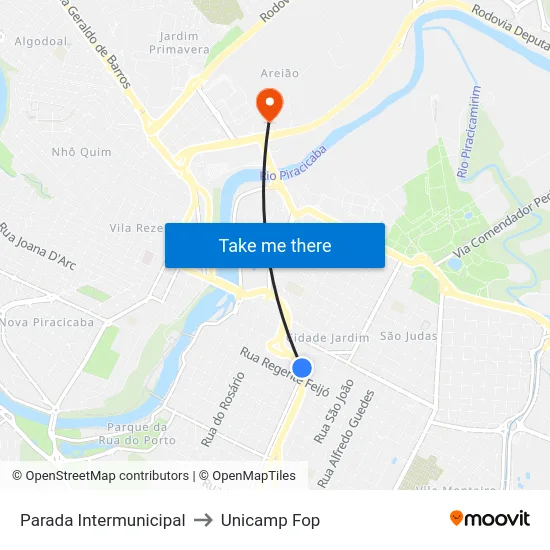 Parada Intermunicipal to Unicamp Fop map