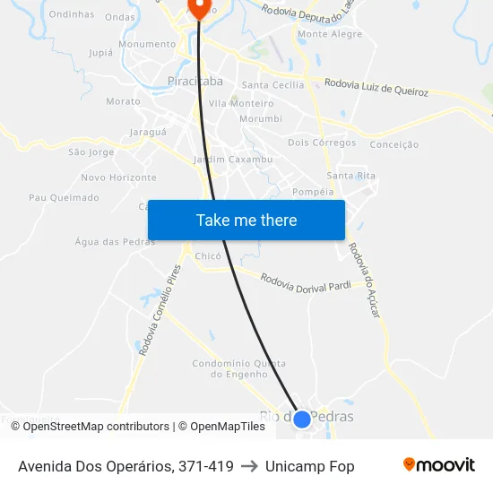 Avenida Dos Operários, 371-419 to Unicamp Fop map