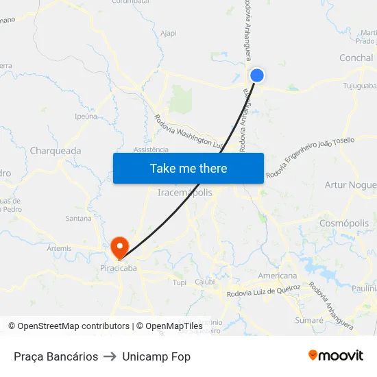Praça Bancários to Unicamp Fop map
