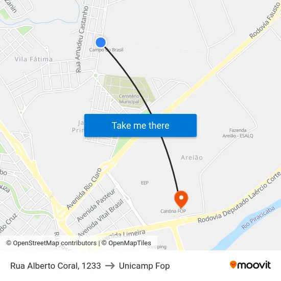 Rua Alberto Coral, 1233 to Unicamp Fop map