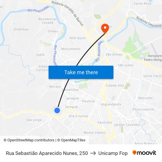 Rua Sebastião Aparecido Nunes, 250 to Unicamp Fop map