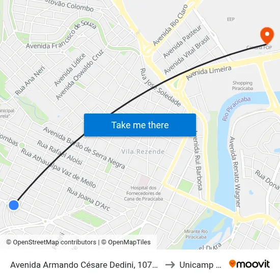 Avenida Armando Césare Dedini, 1072-1102 to Unicamp Fop map