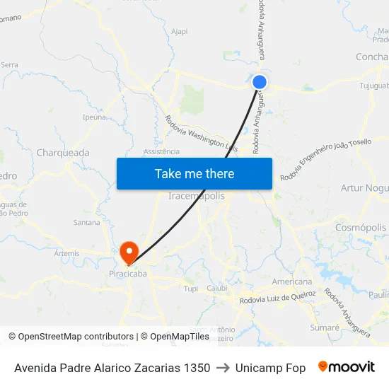 Avenida Padre Alarico Zacarias 1350 to Unicamp Fop map