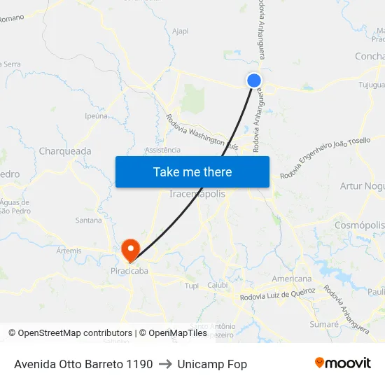 Avenida Otto Barreto 1190 to Unicamp Fop map