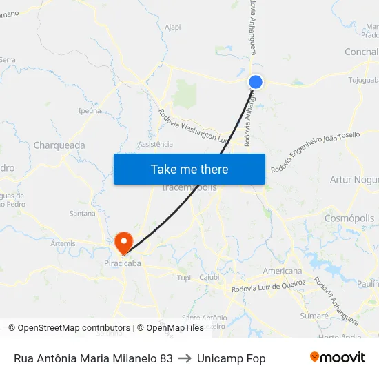 Rua Antônia Maria Milanelo 83 to Unicamp Fop map