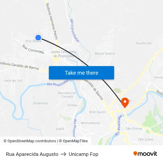 Rua Aparecida Augusto to Unicamp Fop map