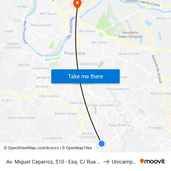 Av. Miguel Caparroz, 510 - Esq. C/ Rua Iugoslávia to Unicamp Fop map