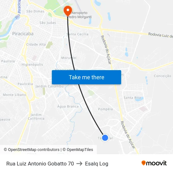 Rua Luiz Antonio Gobatto 70 to Esalq Log map