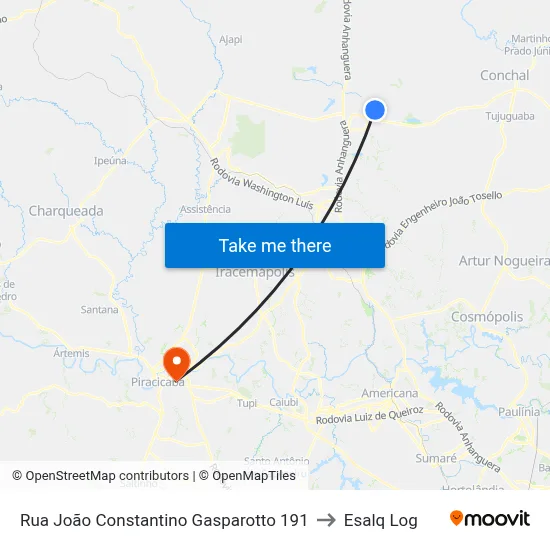 Rua João Constantino Gasparotto 191 to Esalq Log map
