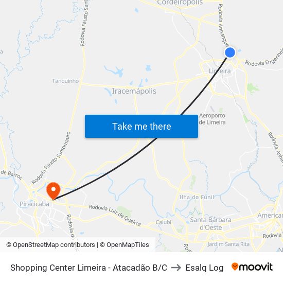 Shopping Center Limeira - Atacadão B/C to Esalq Log map