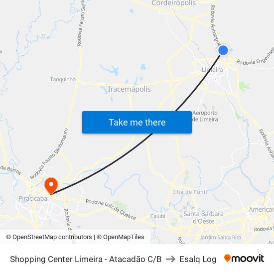 Shopping Center Limeira - Atacadão C/B to Esalq Log map