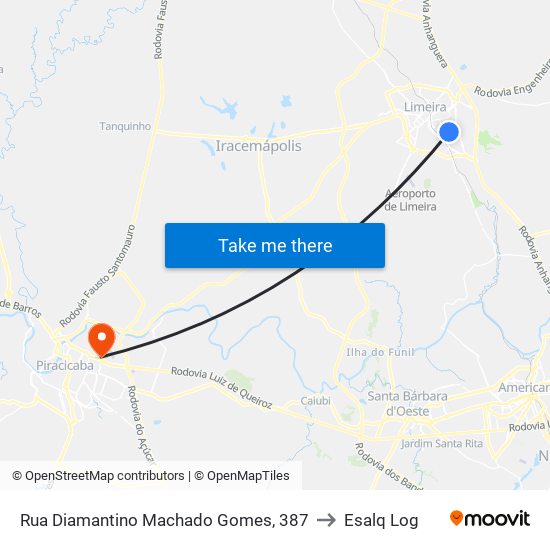 Rua Diamantino Machado Gomes, 387 to Esalq Log map