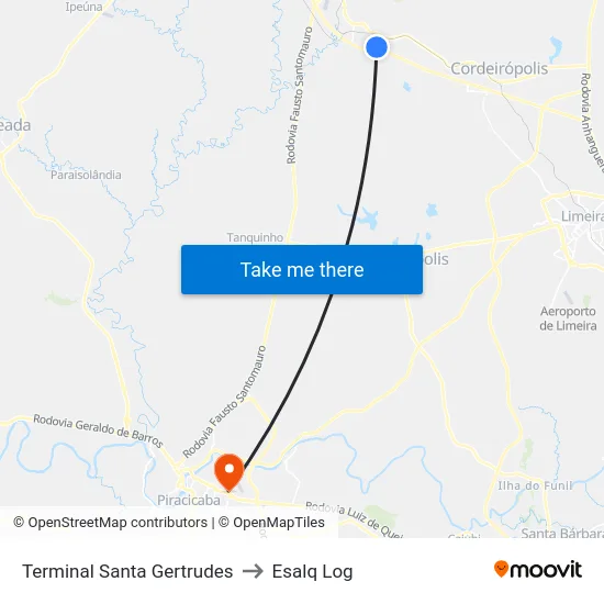 Terminal Santa Gertrudes to Esalq Log map