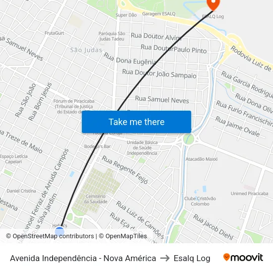 Avenida Independência - Nova América to Esalq Log map