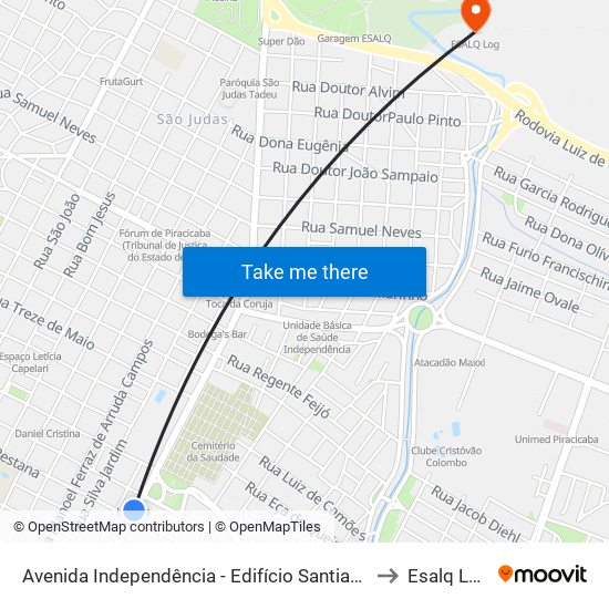 Avenida  Independência - Edifício Santiago to Esalq Log map