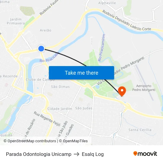 Parada Odontologia Unicamp to Esalq Log map